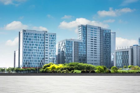 modern business building with glass wall from empty floor