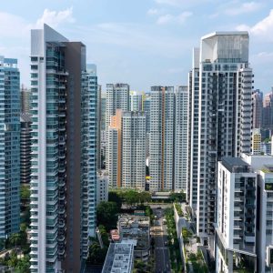 An amazing aerial shot of the Singapore cityscape with lots of skyscrapers