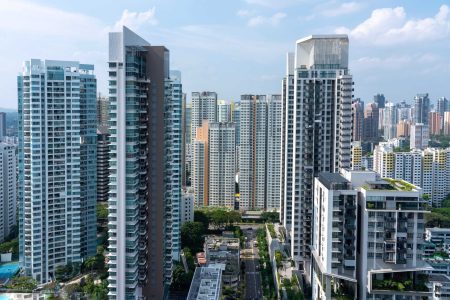 An amazing aerial shot of the Singapore cityscape with lots of skyscrapers